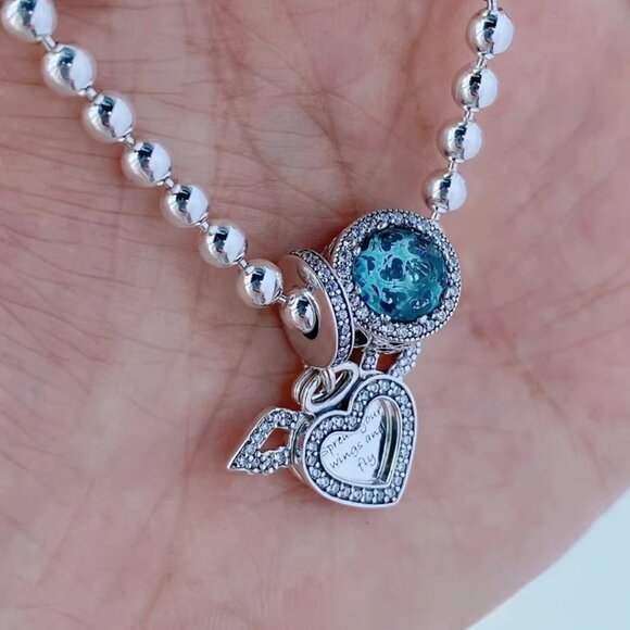 Pandora Silver Beaded Bracelet with Blue Crystal & Heart Angel Charm - Picture 4 of 5